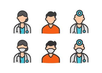 Hospital medical staff icon set. Medic workers nurse and doctor with stethoscope in surgical masks, team. Healthcare, professional medicine. Flat vector illustration, EPS 10.