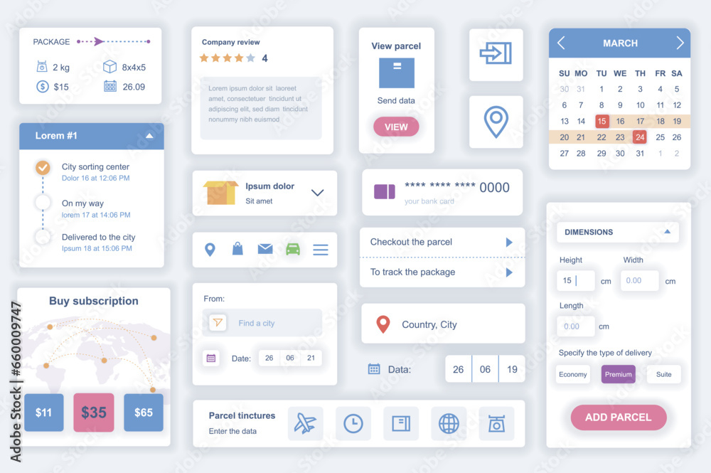 Poster User interface elements set for delivery mobile app. Kit template with HUD diagrams, package information, map tracking, calculator, calendar, review. Pack of UI, UX, GUI screens. Vector components.