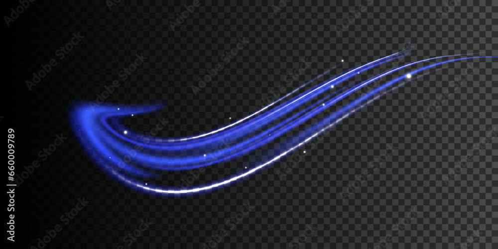 Poster Curved light trail stretched upward.Lines in the shape of a comet against a dark background. Particle motion light effect. Abstract fire flare trace lens flares. Car motion trails