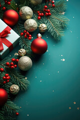 Christmas background with gift box red and golden balls fir branches and red berries Generative AI Illustration