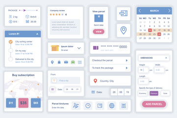 User interface elements set for delivery mobile app. Kit template with HUD diagrams, package information, map tracking, calculator, calendar, review. Pack of UI, UX, GUI screens. Vector components.