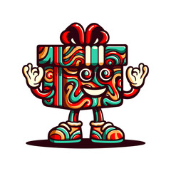 Gift box groovy mascot in white gloves character with sunglasses and peace signs. Retro vibes. Flat vector illustration.