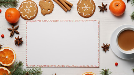 Christmas white paper mockup in a kitchen table decorated with biscuits oranges and recipe ingredients Generative AI Illustration - obrazy, fototapety, plakaty
