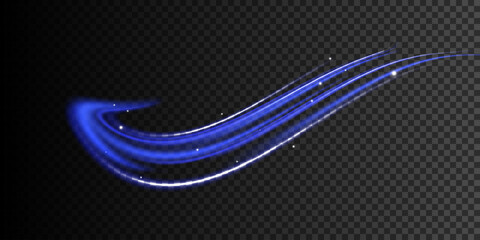 Curved light trail stretched upward.Lines in the shape of a comet against a dark background. Particle motion light effect. Abstract fire flare trace lens flares. Car motion trails