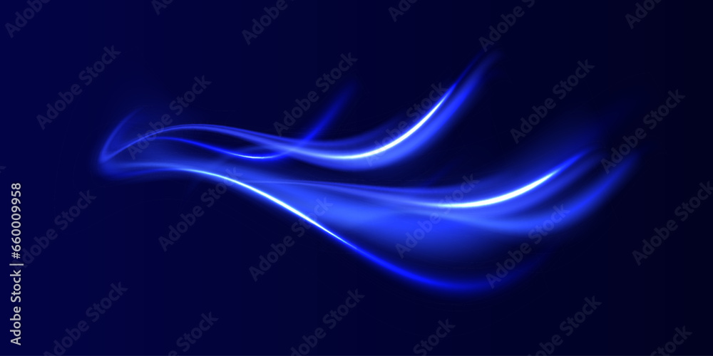 Poster Curved light trail stretched upward.Lines in the shape of a comet against a dark background. Particle motion light effect. Abstract fire flare trace lens flares. Car motion trails