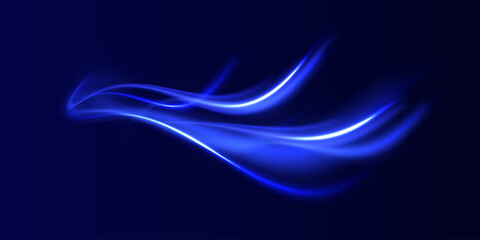 Curved light trail stretched upward.Lines in the shape of a comet against a dark background. Particle motion light effect. Abstract fire flare trace lens flares. Car motion trails