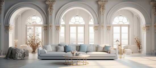 Architect s concept incomplete project transformed into elegant classic living room with archways and arched door Includes sofa carpet and modern design idea - obrazy, fototapety, plakaty