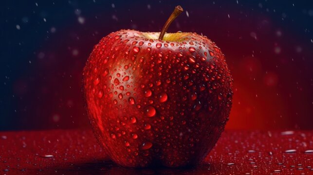 Generate a photography of red apple with water drops
