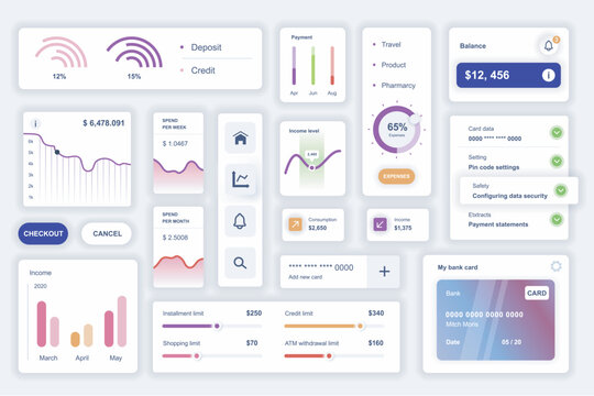 User interface elements set for finance mobile app. Kit template with HUD diagrams, deposit or credit information, money analytics, balance, account. Pack of UI, UX, GUI screens. Vector components.