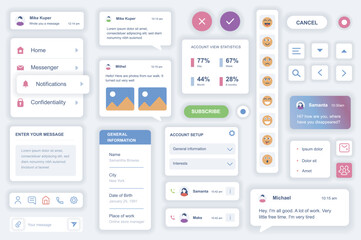 User interface elements set for messenger mobile app. Kit template with HUD diagrams, navigation buttons, chat messages, emoticons, profile statistics. Pack of UI, UX, GUI screens. Vector components.