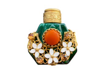 vintage perfume bottle of malachite glass with brass decorative braid made in Czechoslovakia 1960-70 on isolated transparent background