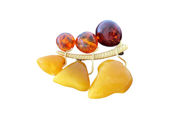 vintage brooch berries and leaves with of amber and brass, made in USSR on isolated transparent background