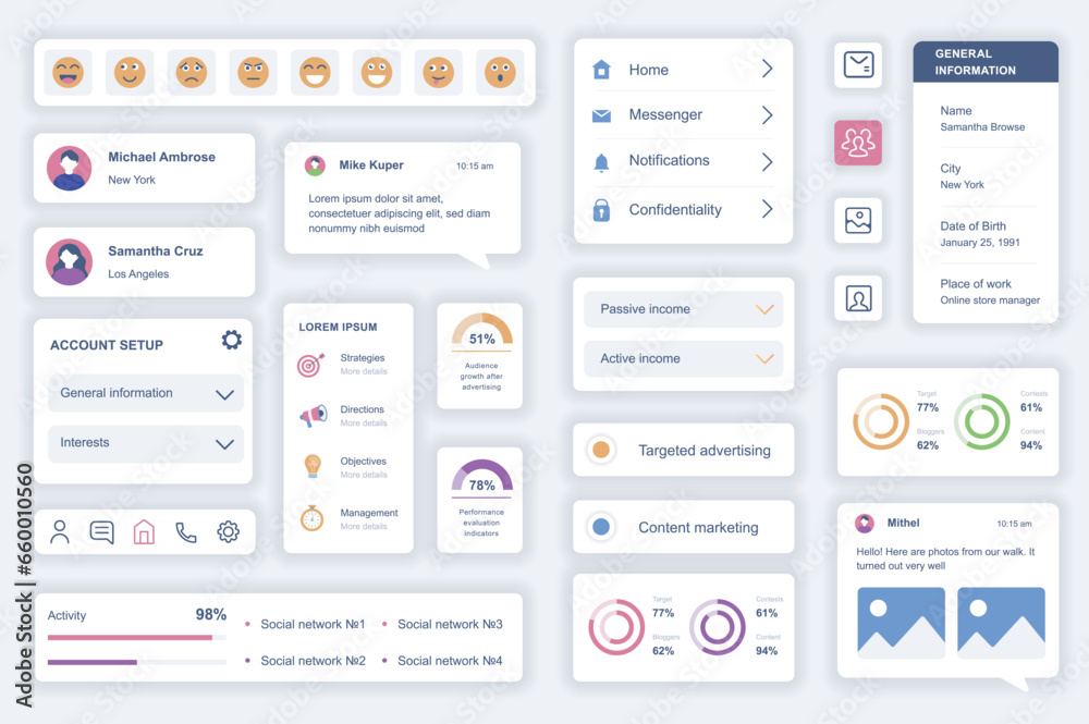 Aufkleber User interface elements set for social media mobile app. Kit template with HUD diagrams, profile information, emoticons, account setup, statistics. Pack of UI, UX, GUI screens. Vector components.