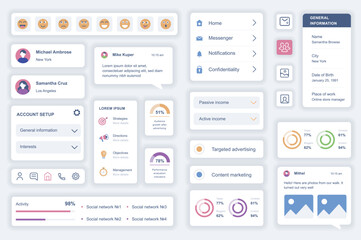 User interface elements set for social media mobile app. Kit template with HUD diagrams, profile information, emoticons, account setup, statistics. Pack of UI, UX, GUI screens. Vector components.