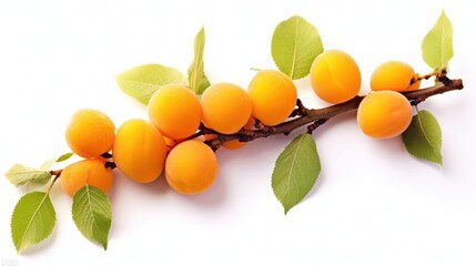Generate a photography of apricots with leaves isolated