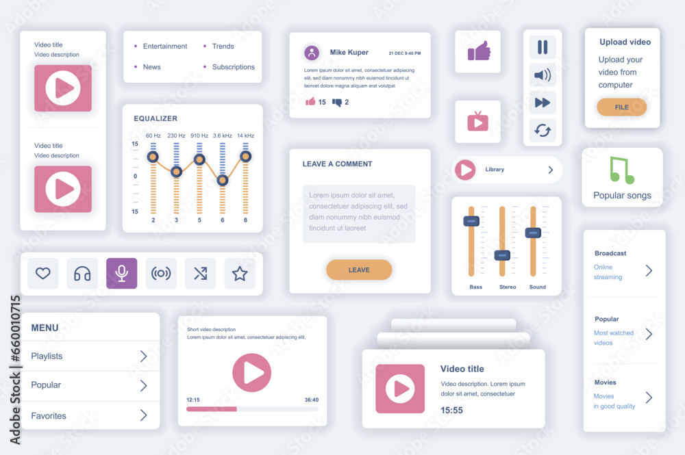 Poster User interface elements set for video tube mobile app. Kit template with HUD diagrams, player button, streaming platform, equalizer, playlist, rating. Pack of UI, UX, GUI screens. Vector components.