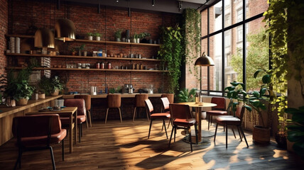 Modern cafe design interior with a brick wall. Loft design. Coffee shop, cafe. 1 , Generative AI. - obrazy, fototapety, plakaty