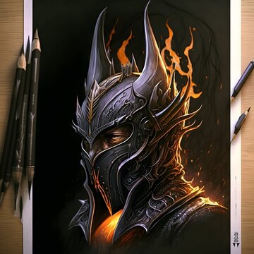 neo traditional Sauron helmet illustration portrait demonic fantasy 