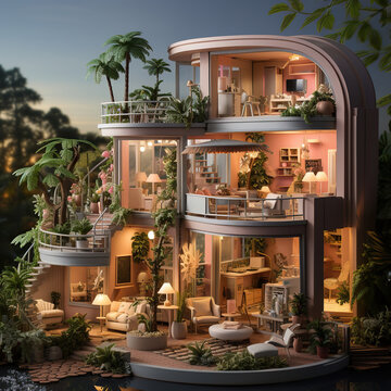 A 3D rendering of a pink and white tropical house