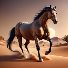 3d render style, A majestic horse is running, amidst the evening desert. ai generative