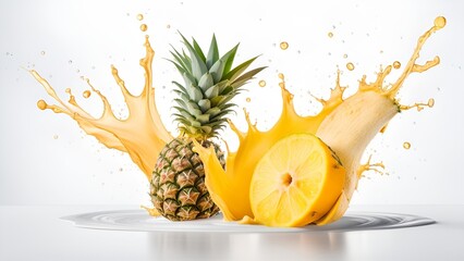 Pineapple bursts with juice splash on isolated white background.