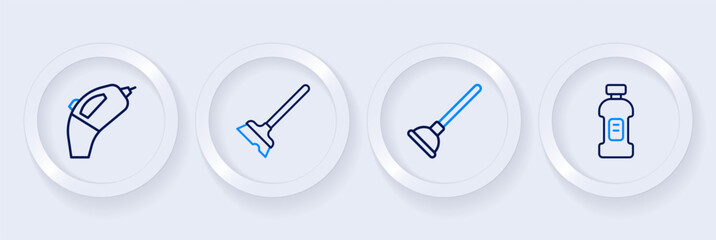 Set line Bottle for detergent, Rubber plunger, Mop and Portable vacuum cleaner icon. Vector