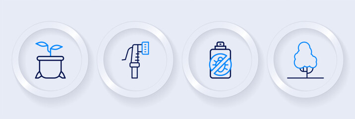 Set line Fruit tree, Spray against insects, Garden hose and Plant pot icon. Vector