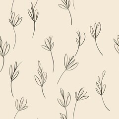 seamless pattern with one line pencil drawing of flowers and branches on pale pink background, minimalistic