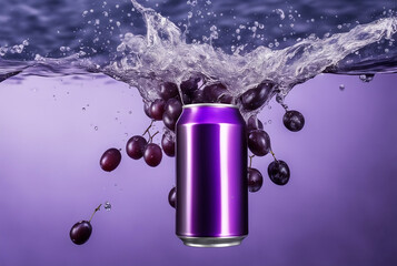 Grapes soda/ beer beverage ;mock up product photograph of a purple color aluminum soda can isolated...