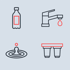Set line Water tap, drop, filter cartridge and Bottle of water icon. Vector