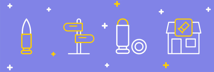 Set line Hunting shop, Bullet, Road traffic sign and icon. Vector