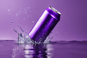 mock up product photograph of a purple color aluminum soda can isolated in splash of water with copy space for text - obrazy, fototapety, plakaty