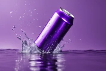 Foto op Canvas mock up product photograph of a purple color aluminum soda can isolated in splash of water with copy space for text © Tharu