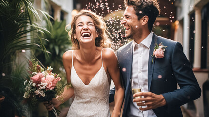 Happy romantic young couple, a man with a glass of champagne and a woman with a bridal bouquet, celebrates their wedding