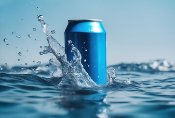 mock up product photograph of a blue color aluminum soda can isolated in solid background with  splash of water on it,  copy space for text - obrazy, fototapety, plakaty
