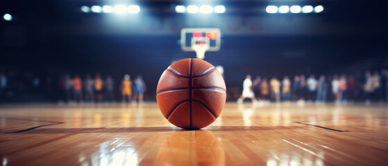 Basketball game sport arena stadium court on spotlight with basket ball on floor