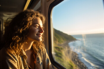 On a scenic coastal bus route, a woman leans against the rail, her smile mirroring the breathtaking ocean views unfolding outside the window. 
