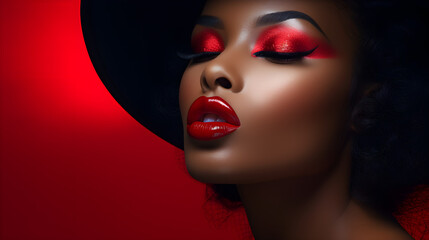 Dark-skinned woman with red lipstick on her lips - obrazy, fototapety, plakaty