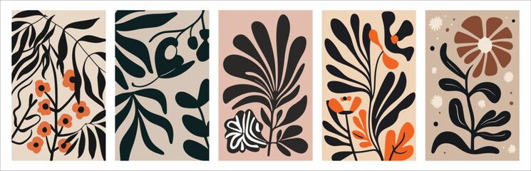 Set of Contemporary Groovy Floral Art - Matisse-Inspired Minimalist Style, Collection.
