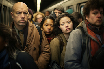 Fototapeta premium In the heart of a busy urban metropolis, a diverse group of commuters waits for their train, their faces a mosaic of expressions, from weariness to anticipation. 