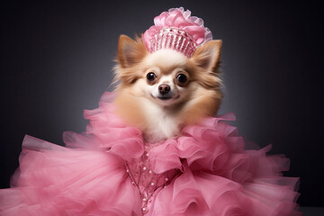 Puppy dressed as Barbie in a cute pink costume