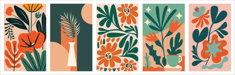 Set of Contemporary Groovy Floral Art - Matisse-Inspired Minimalist Style, Collection.