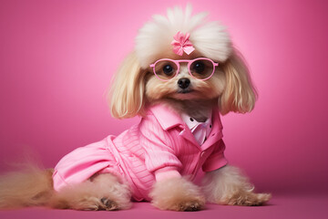 Puppy dressed as Barbie in a cute pink costume