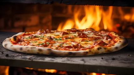 Foto op Plexiglas Freshly baked italian pizza with wood fired oven background © Trendy Graphics