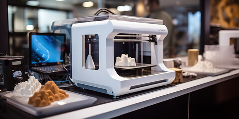 3D printer of plastic parts on the topic of technology and innovation - obrazy, fototapety, plakaty