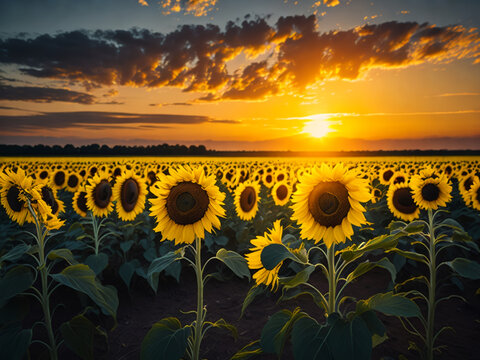Fantastic sunset on a field of sunflowers. AI