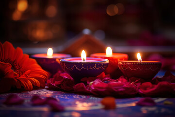 Beautiful diwali diya with burning candles on purple background