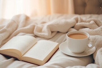 Fototapeta na wymiar A book and a mug of coffee on the bed for relaxation