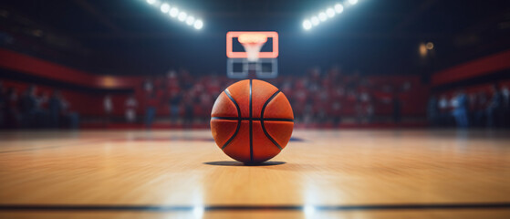 Basketball game sport arena stadium court on spotlight with basket ball on floor - Powered by Adobe