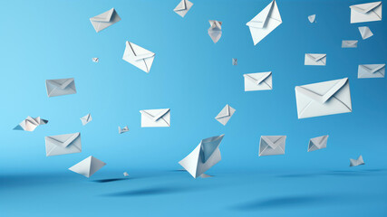 Envelope and flying paper planes on blue background - obrazy, fototapety, plakaty